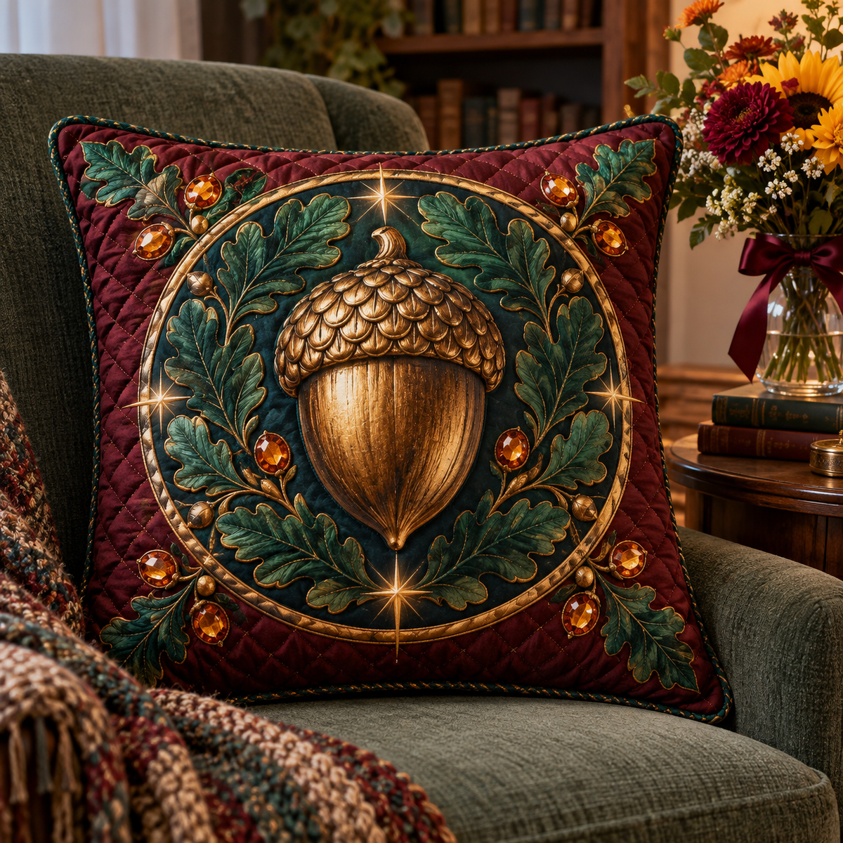 Gilded Acorn Collector Birthday Quilted Cushion Cover with printed optical 3D artwork in its use setting