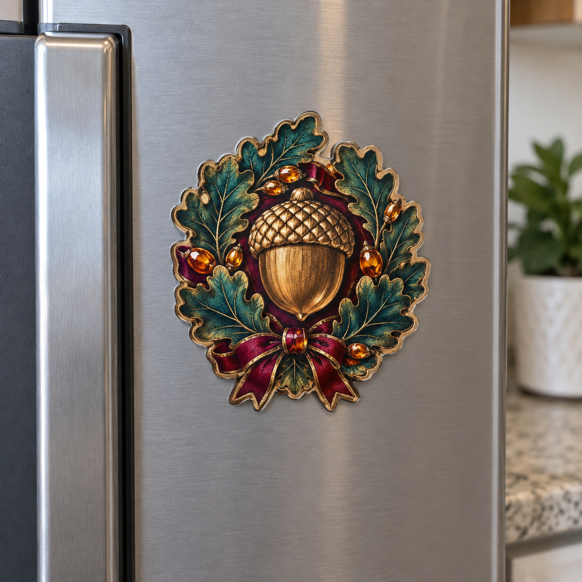 Gilded Acorn Collector Birthday Acrylic Refrigerator Magnet with printed optical 3D artwork in its use setting