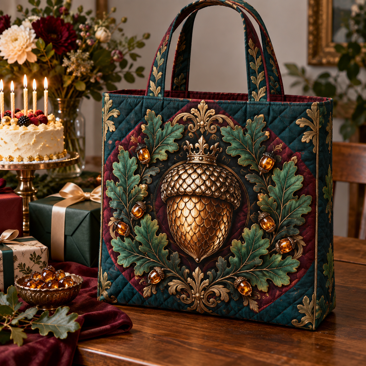 Gilded Acorn Collector Birthday Quilted Tote Bag with printed optical 3D artwork in its use setting