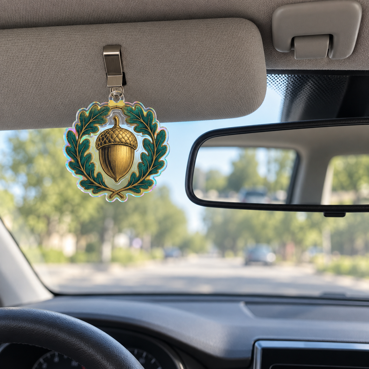 Gilded Acorn Collector Birthday Holographic Car Visor Clip with printed optical 3D artwork in its use setting