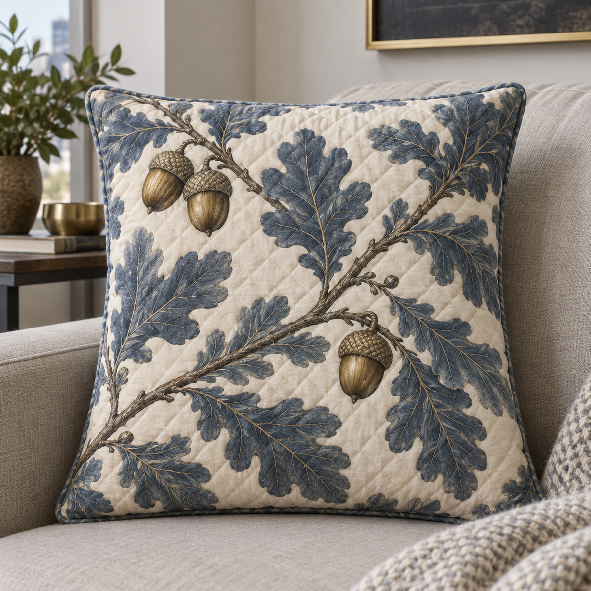 Oakline Apartment Gallery Quilted Cushion Cover with printed optical 3D artwork in its use setting