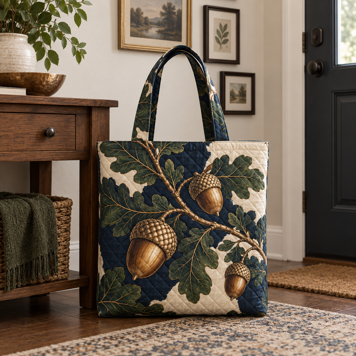 Oakline Apartment Gallery Quilted Tote Bag with printed optical 3D artwork in its use setting