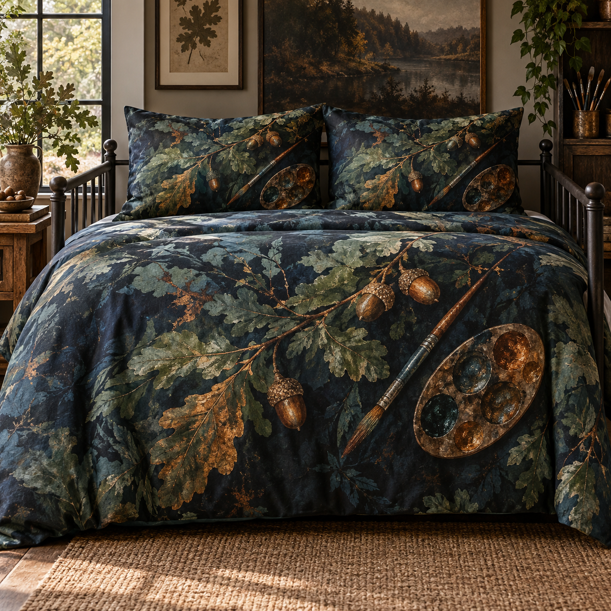 Acorn Atelier Maker Studio Quilted Bedding Set with printed optical 3D artwork in its use setting