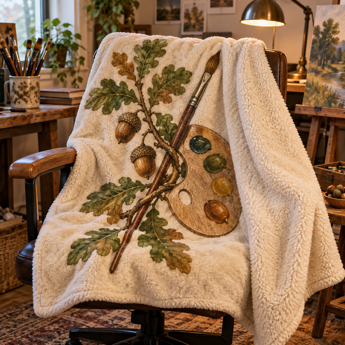Acorn Atelier Maker Studio Sherpa & Fleece Blanket with printed optical 3D artwork in its use setting