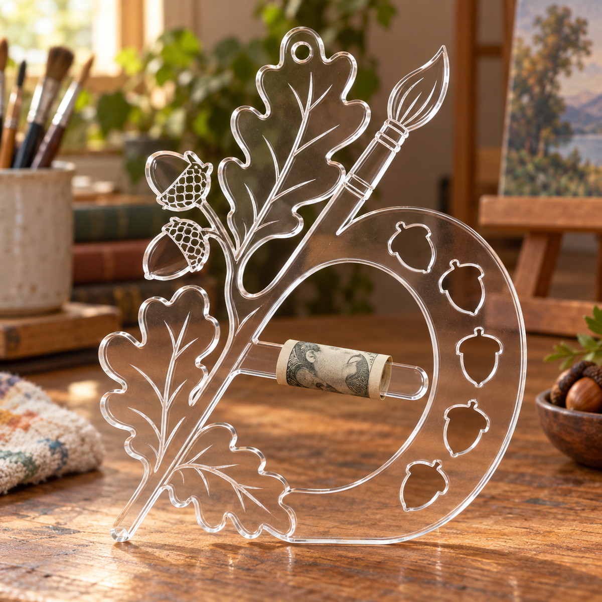 Acorn Atelier Maker Studio Acrylic Cash Holder Ornament with printed optical 3D artwork in its use setting