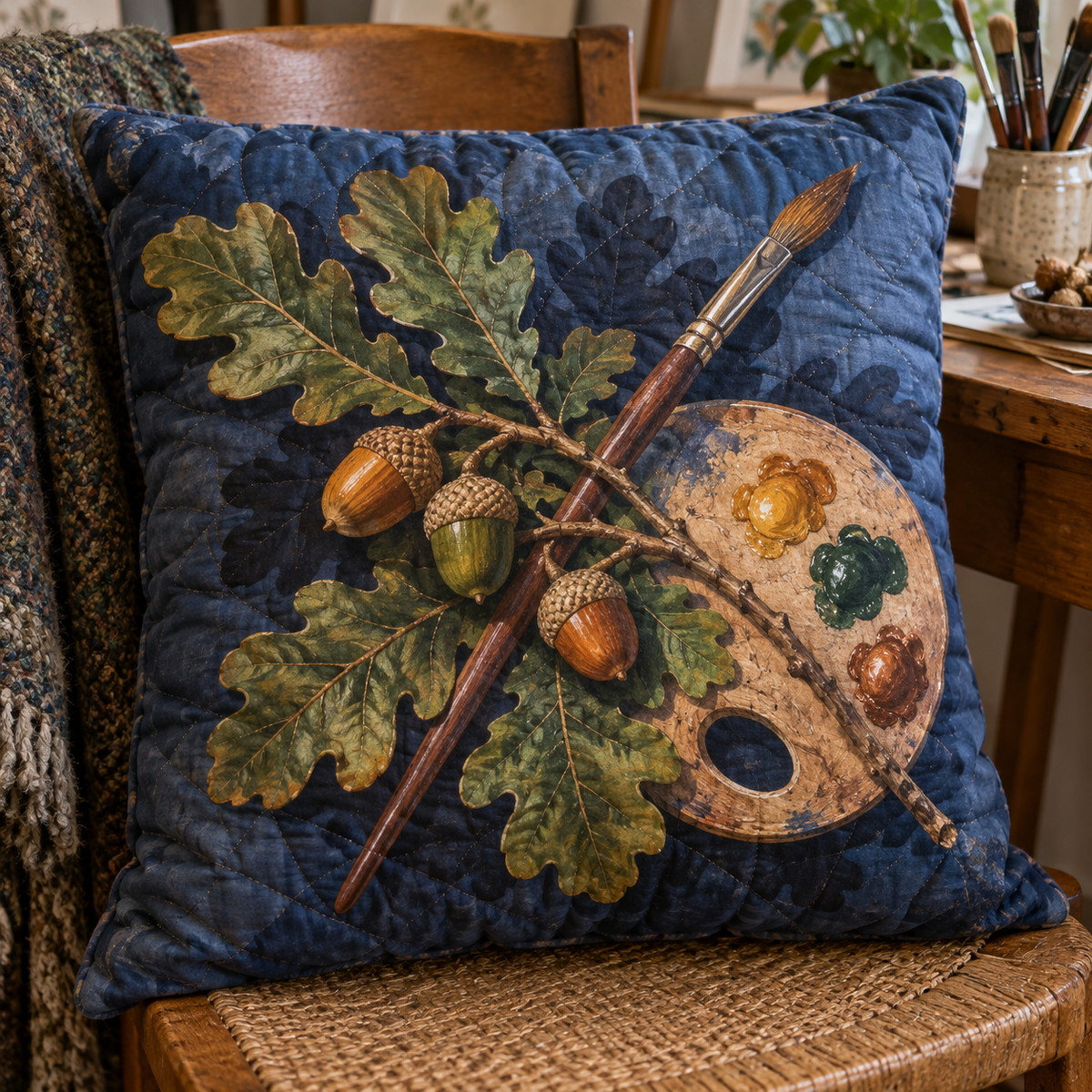 Acorn Atelier Maker Studio Quilted Cushion Cover with printed optical 3D artwork in its use setting