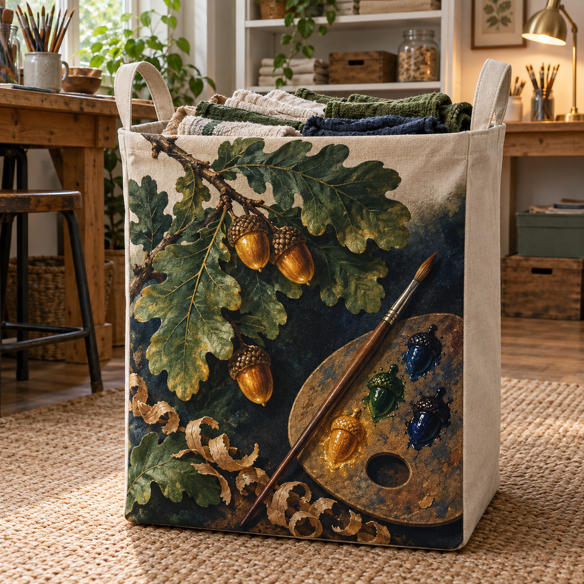 Acorn Atelier Maker Studio Laundry Hamper with printed optical 3D artwork in its use setting