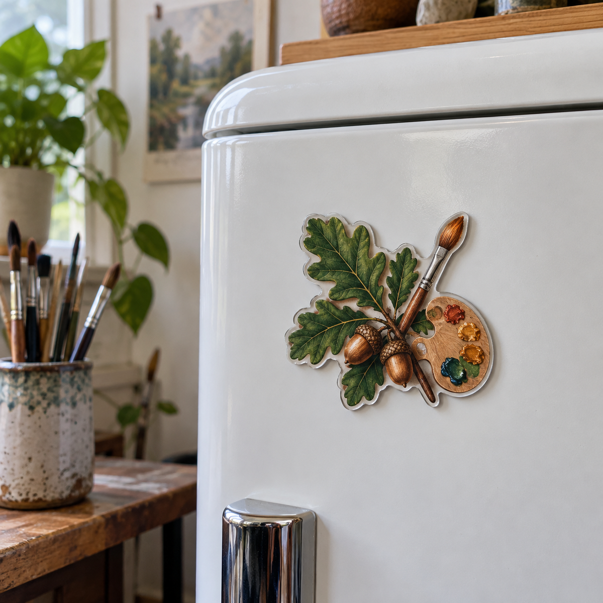 Acorn Atelier Maker Studio Acrylic Refrigerator Magnet with printed optical 3D artwork in its use setting