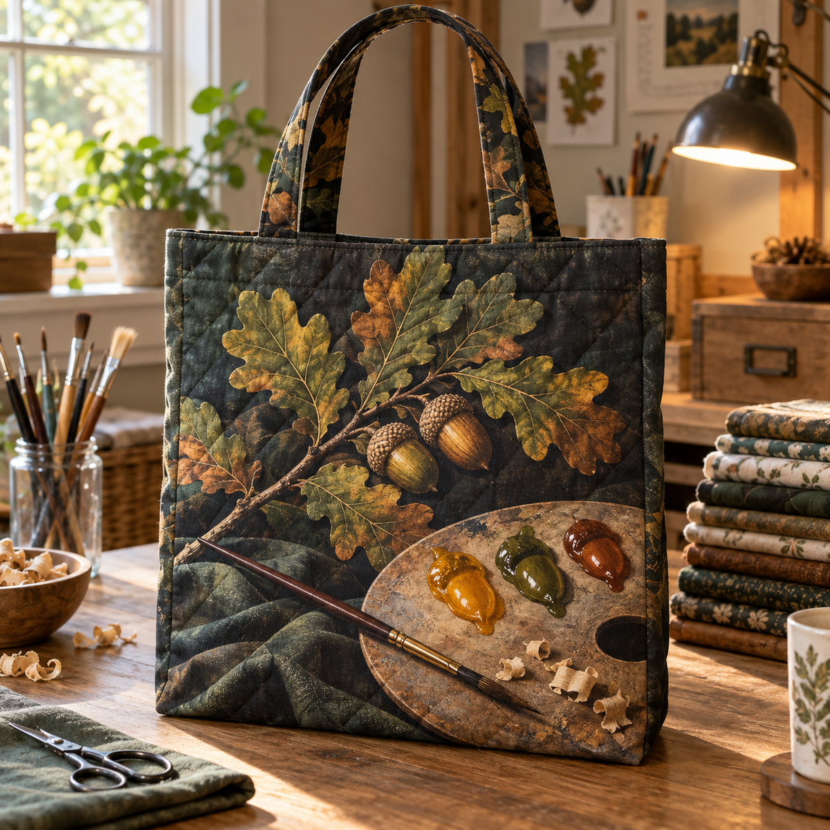 Acorn Atelier Maker Studio Quilted Tote Bag with printed optical 3D artwork in its use setting