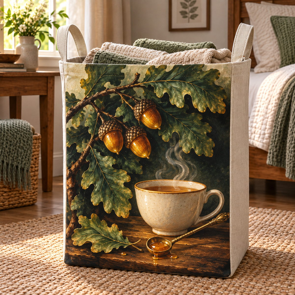 Oak & Hearth Host Appreciation Laundry Hamper with printed optical 3D artwork in its use setting