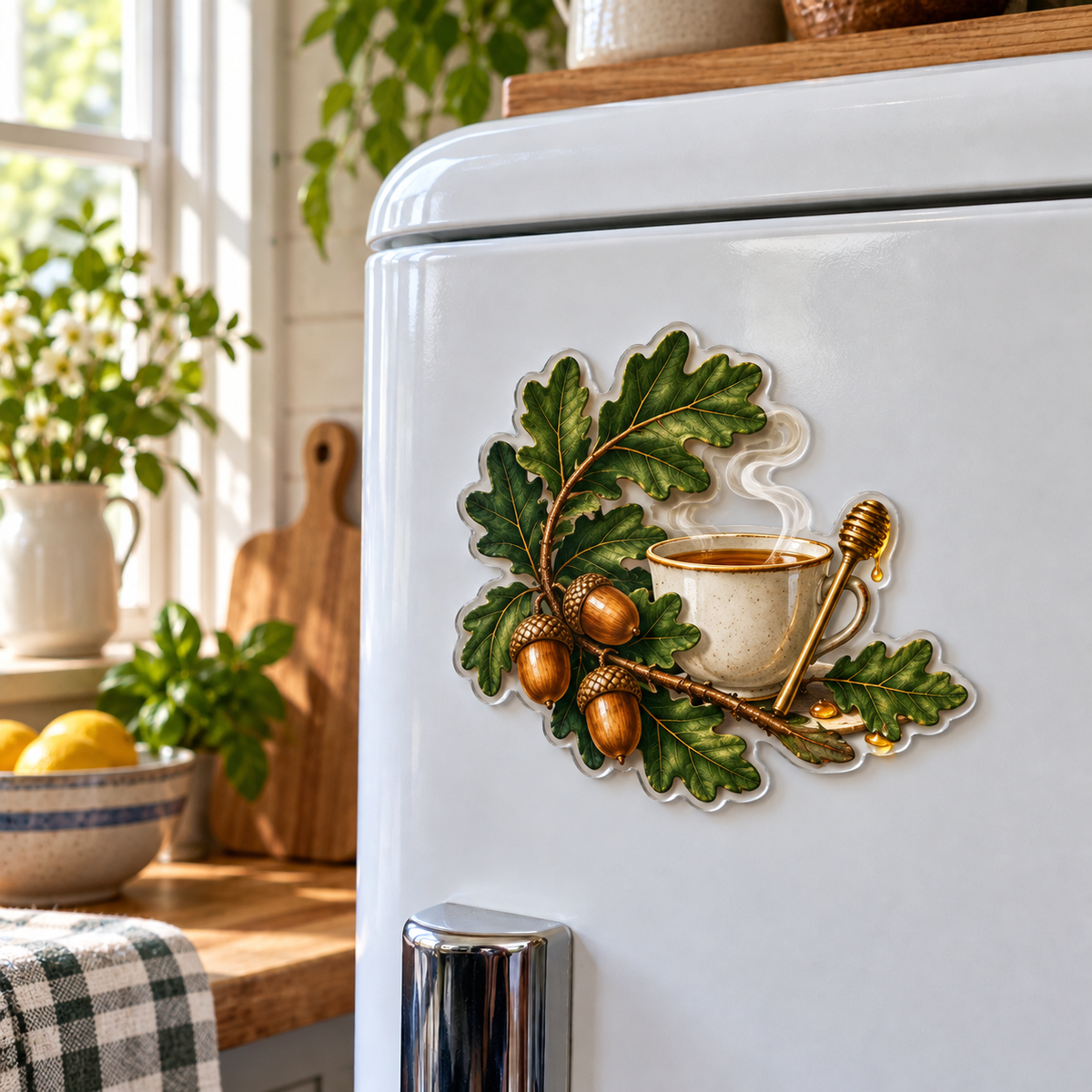 Oak & Hearth Host Appreciation Acrylic Refrigerator Magnet with printed optical 3D artwork in its use setting