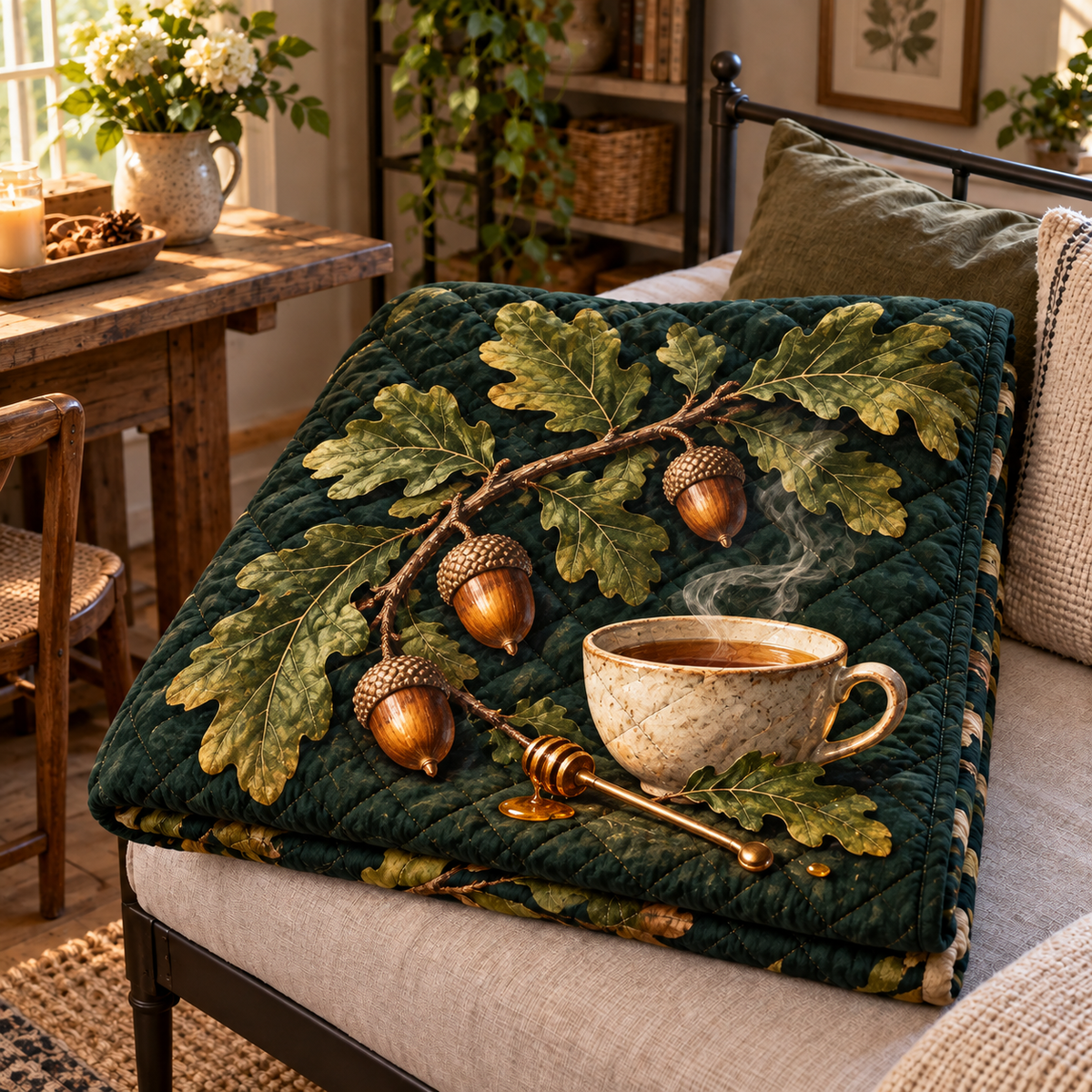 Oak & Hearth Host Appreciation Quilt Blanket with printed optical 3D artwork in its use setting