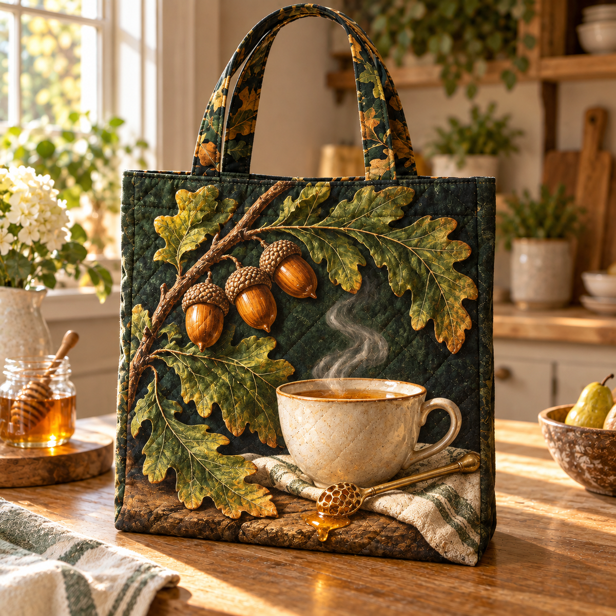 Oak & Hearth Host Appreciation Quilted Tote Bag with printed optical 3D artwork in its use setting