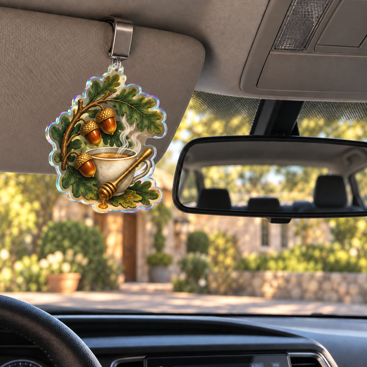 Oak & Hearth Host Appreciation Holographic Car Visor Clip with printed optical 3D artwork in its use setting