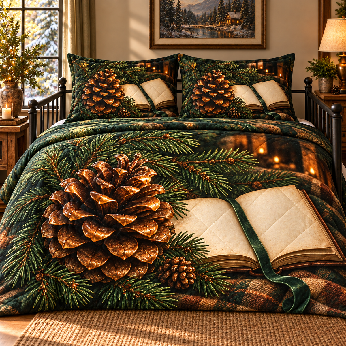 Pinecone Reading Perch Quilted Bedding Set with printed optical 3D artwork in its use setting