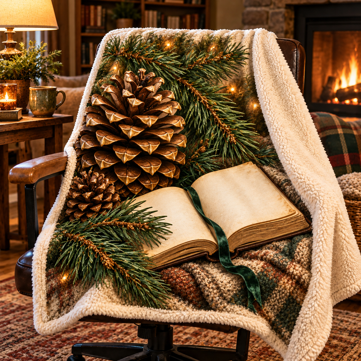 Pinecone Reading Perch Sherpa & Fleece Blanket with printed optical 3D artwork in its use setting