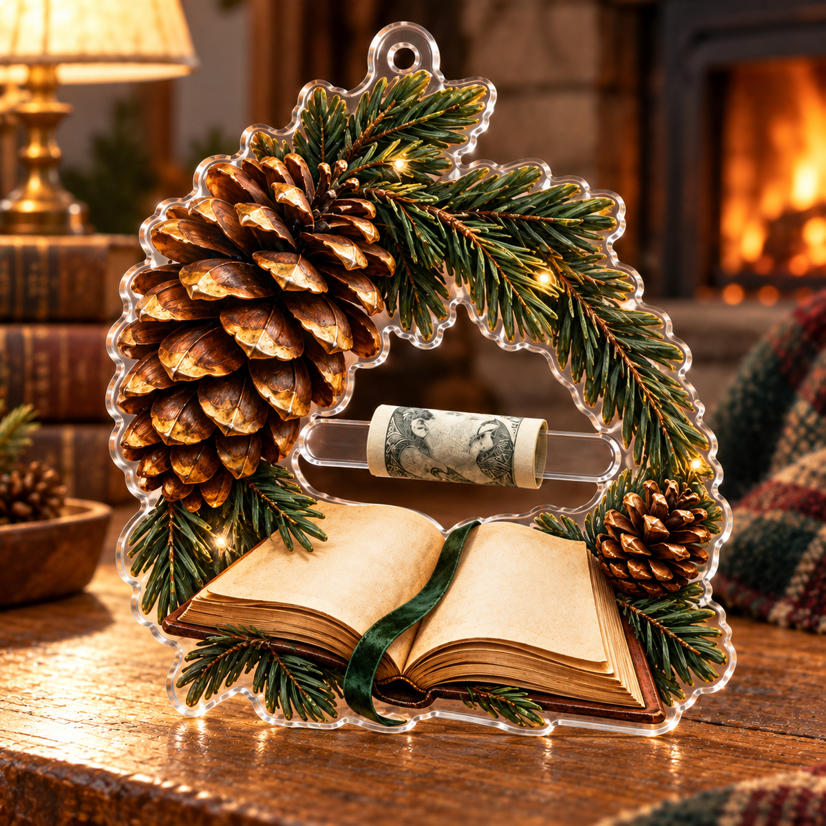 Pinecone Reading Perch Acrylic Cash Holder Ornament with printed optical 3D artwork in its use setting
