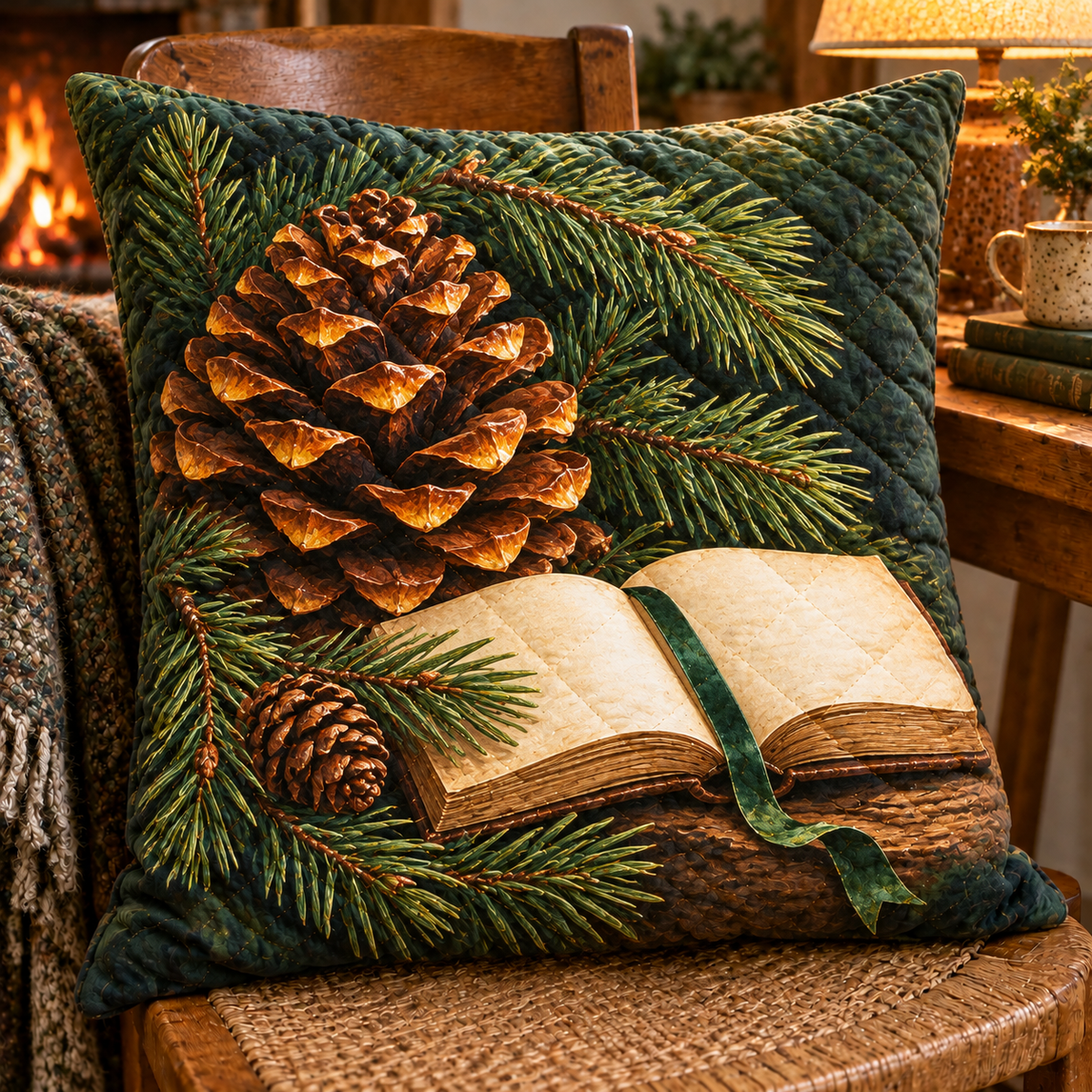 Pinecone Reading Perch Quilted Cushion Cover with printed optical 3D artwork in its use setting