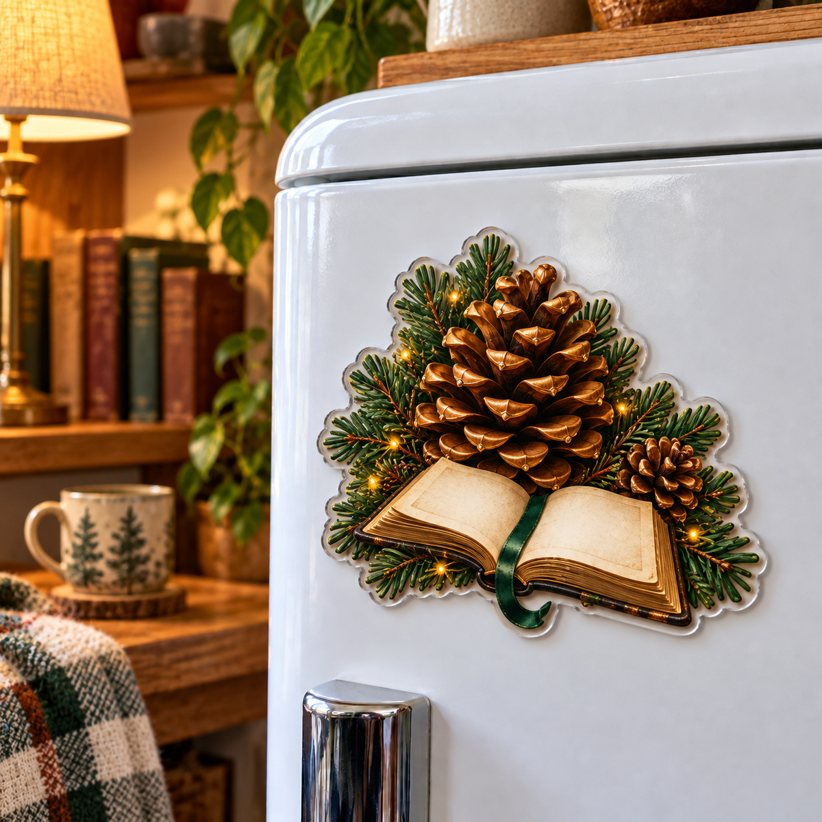 Pinecone Reading Perch Acrylic Refrigerator Magnet with printed optical 3D artwork in its use setting