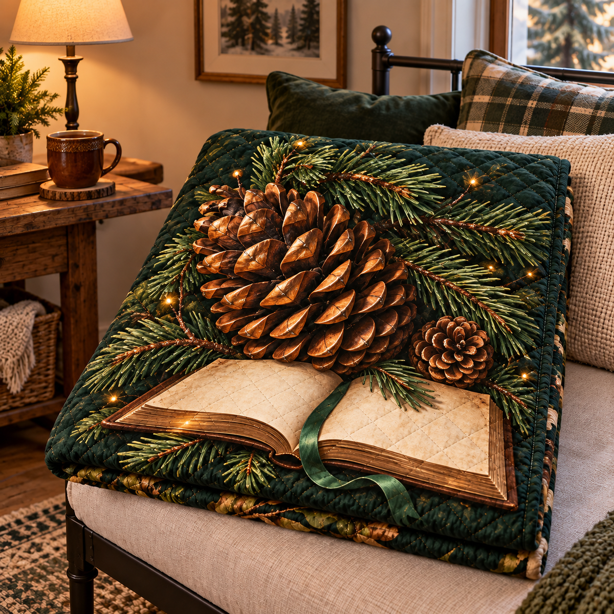 Pinecone Reading Perch Quilt Blanket with printed optical 3D artwork in its use setting