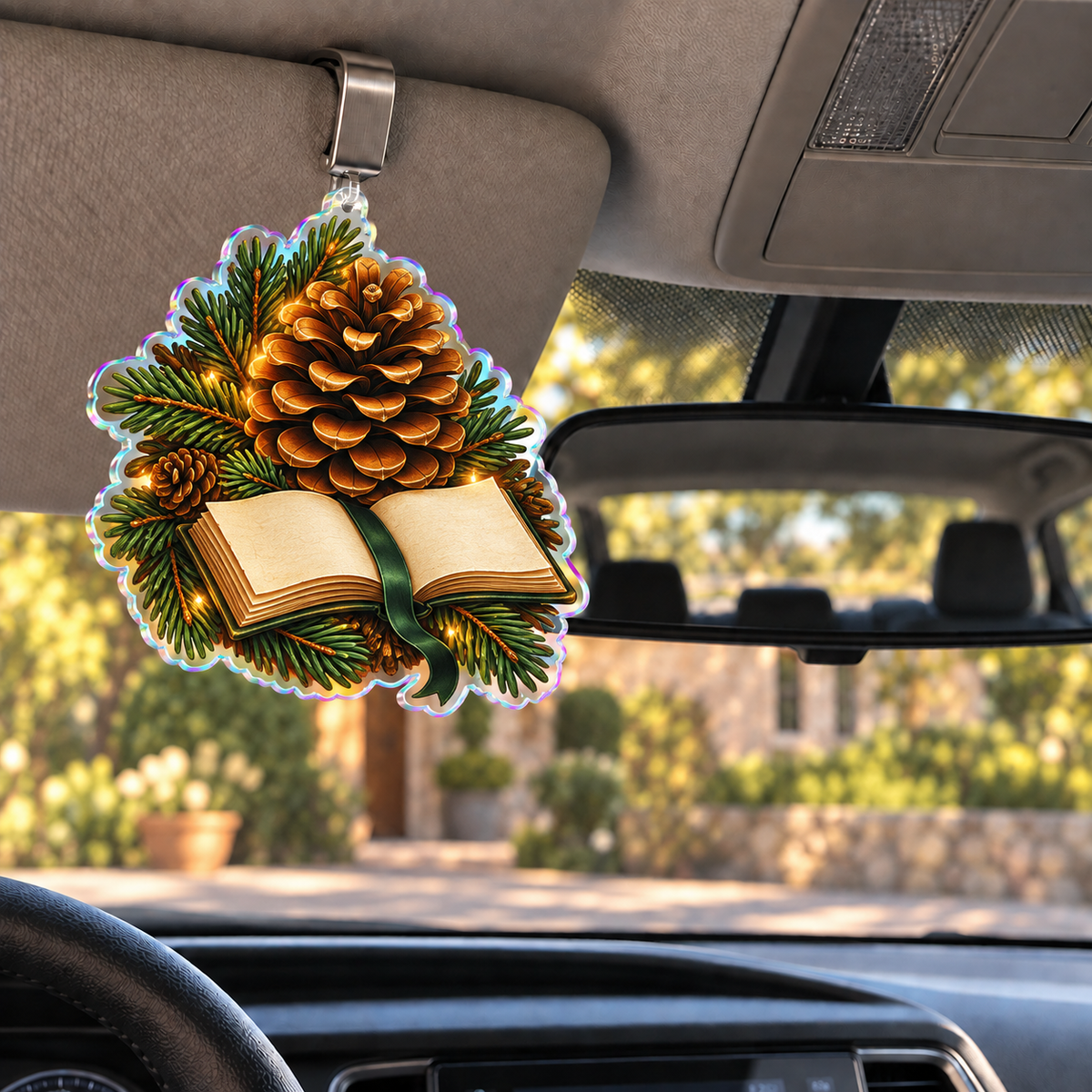 Pinecone Reading Perch Holographic Car Visor Clip with printed optical 3D artwork in its use setting