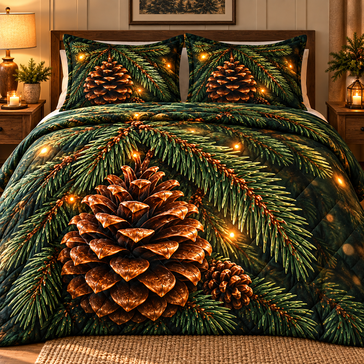 Pinecone Canopy Bedroom Quilted Bedding Set with printed optical 3D artwork in its use setting