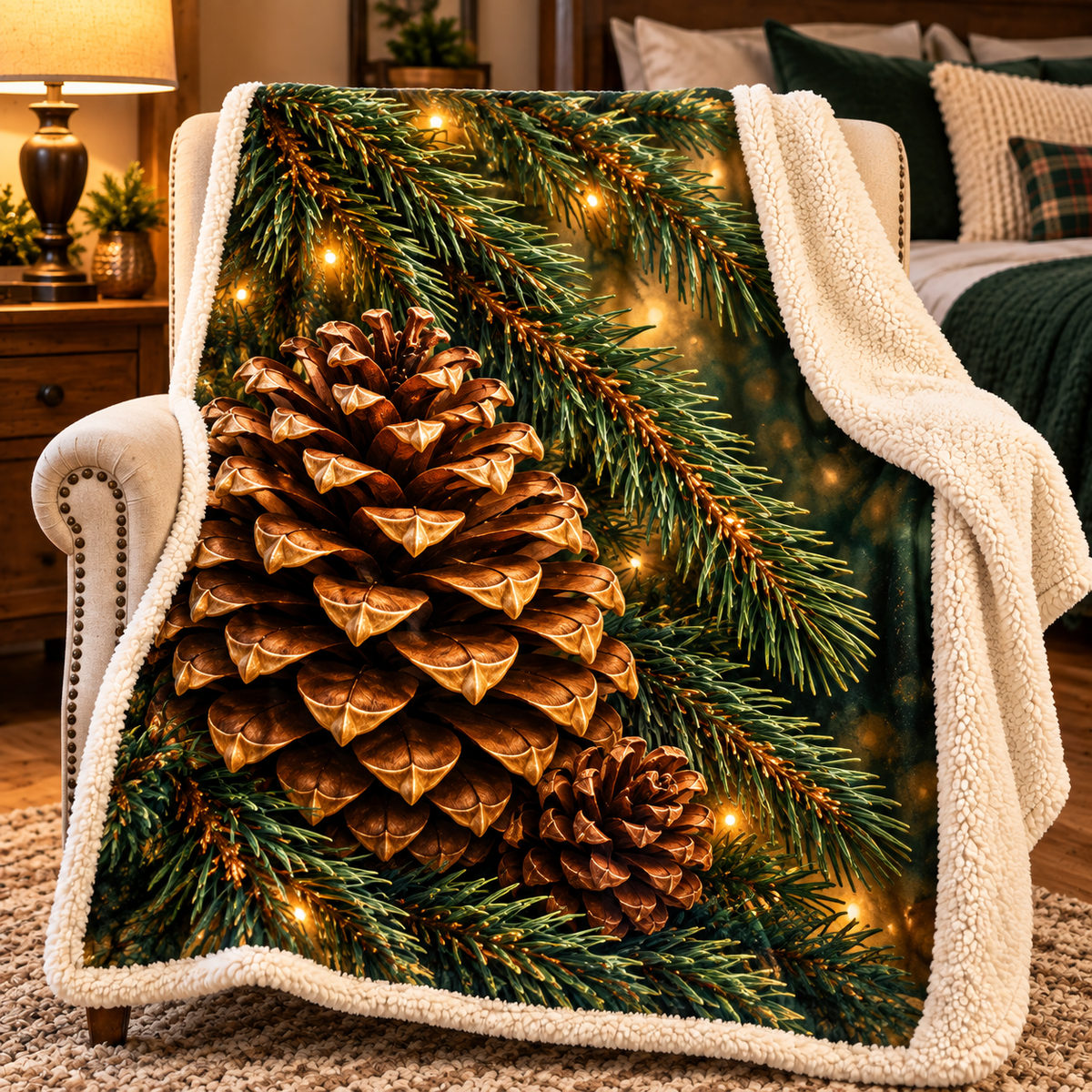 Pinecone Canopy Bedroom Sherpa & Fleece Blanket with printed optical 3D artwork in its use setting