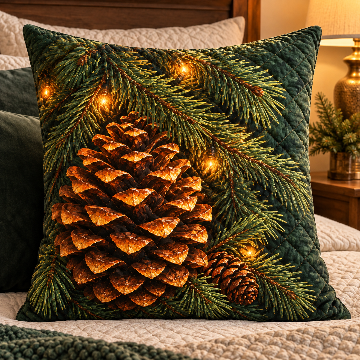 Pinecone Canopy Bedroom Quilted Cushion Cover with printed optical 3D artwork in its use setting
