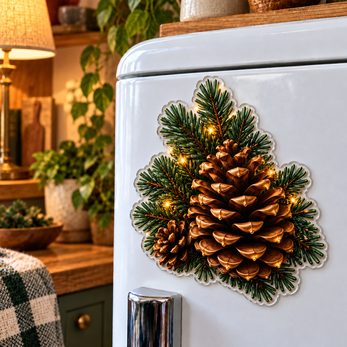 Pinecone Canopy Bedroom Acrylic Refrigerator Magnet with printed optical 3D artwork in its use setting
