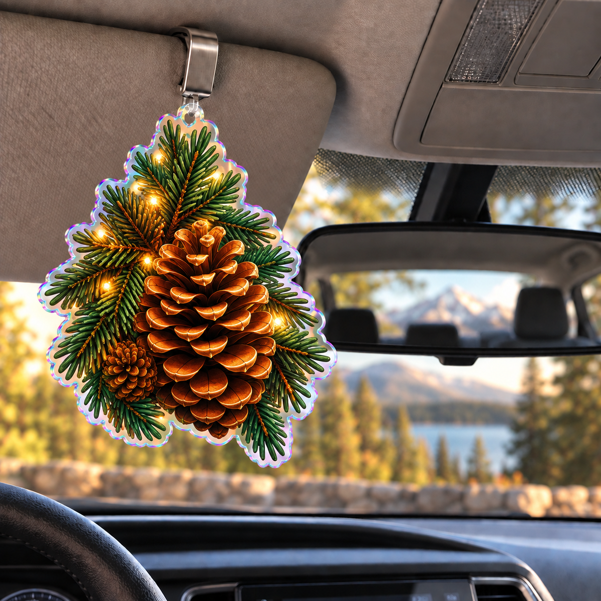 Pinecone Canopy Bedroom Holographic Car Visor Clip with printed optical 3D artwork in its use setting