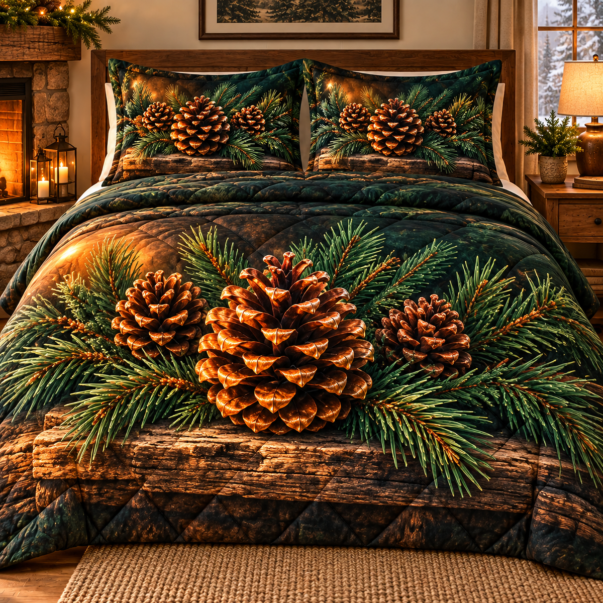 Pinecone Hearth Living Room Quilted Bedding Set with printed optical 3D artwork in its use setting