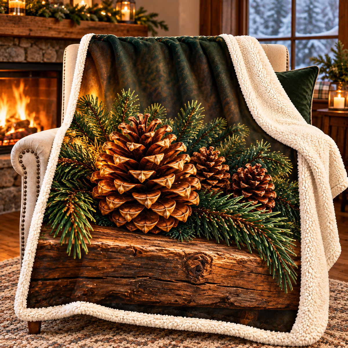 Pinecone Hearth Living Room Sherpa & Fleece Blanket with printed optical 3D artwork in its use setting