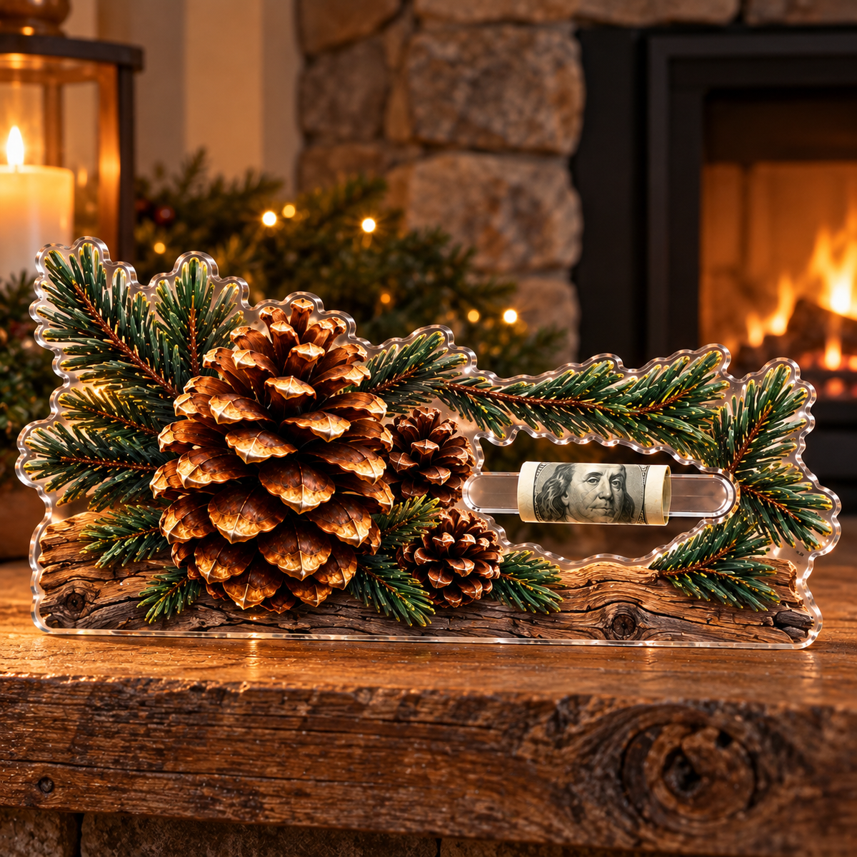 Pinecone Hearth Living Room Acrylic Cash Holder Ornament with printed optical 3D artwork in its use setting