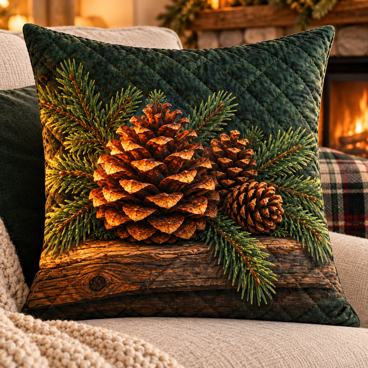 Pinecone Hearth Living Room Quilted Cushion Cover with printed optical 3D artwork in its use setting