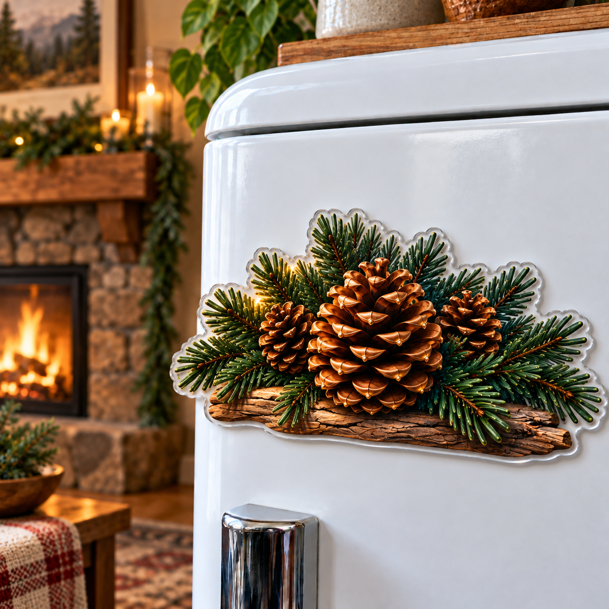 Pinecone Hearth Living Room Acrylic Refrigerator Magnet with printed optical 3D artwork in its use setting