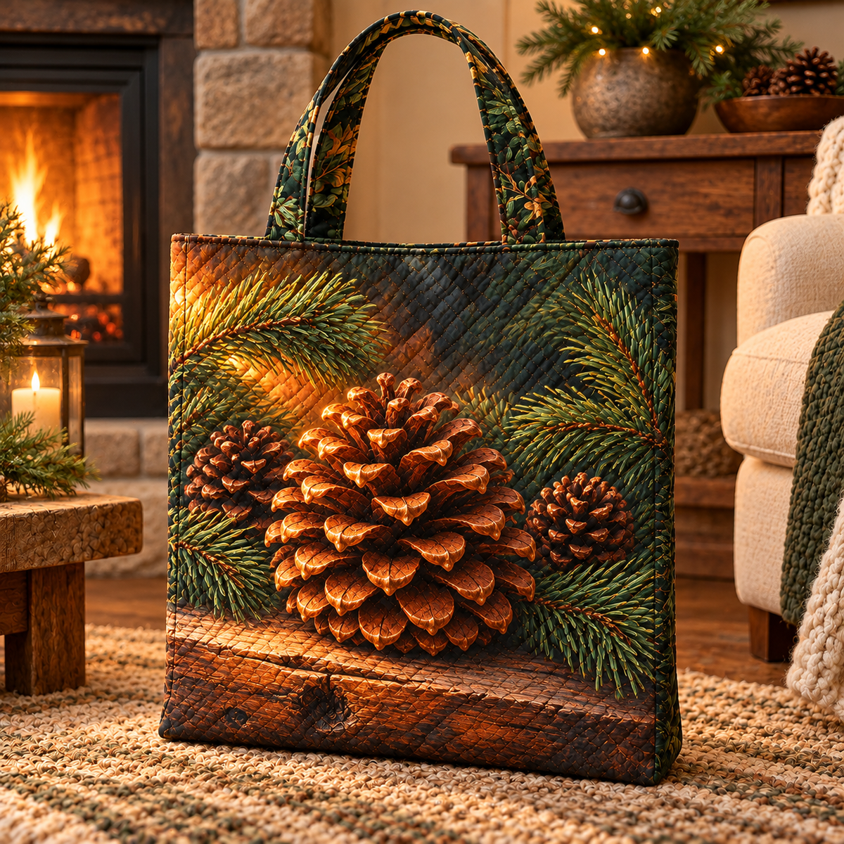 Pinecone Hearth Living Room Quilted Tote Bag with printed optical 3D artwork in its use setting