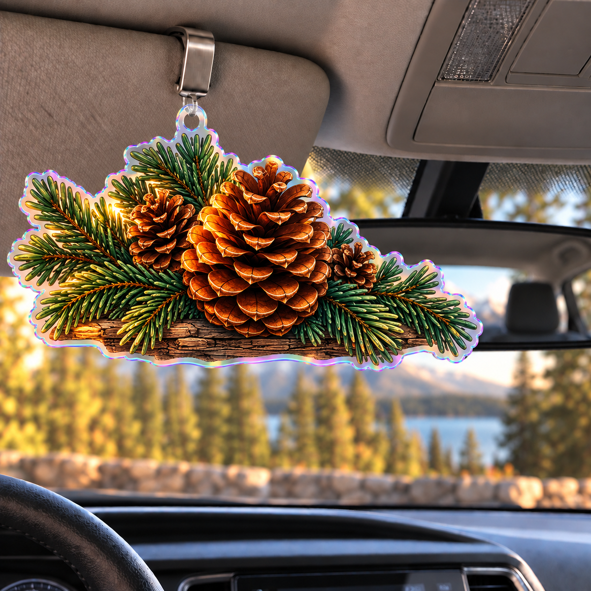 Pinecone Hearth Living Room Holographic Car Visor Clip with printed optical 3D artwork in its use setting