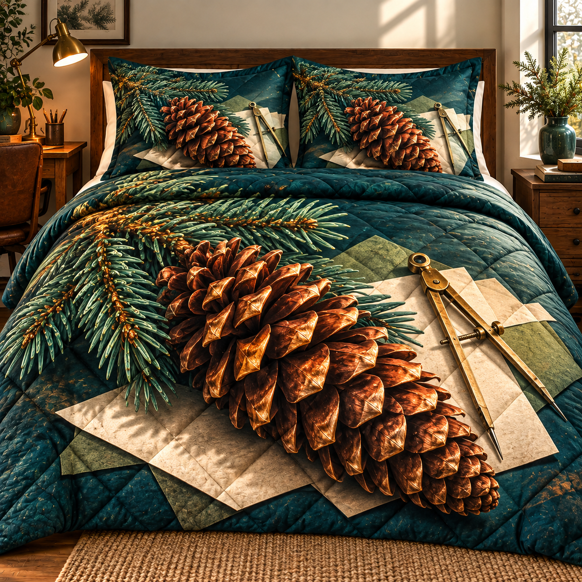 Pinecone Desk Study Quilted Bedding Set with printed optical 3D artwork in its use setting