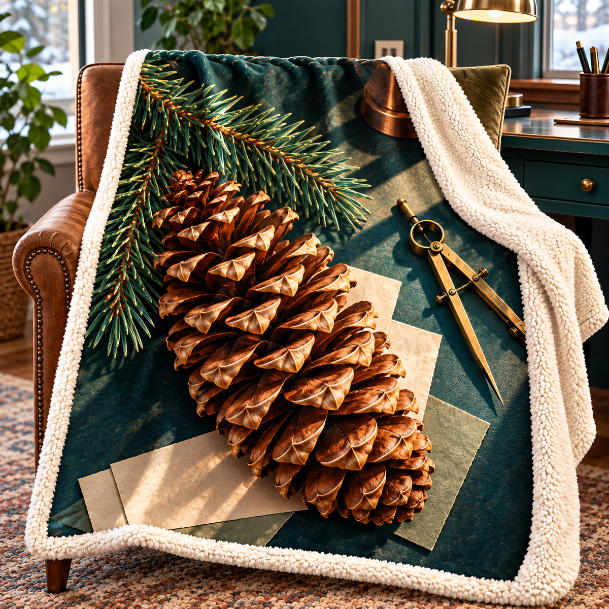 Pinecone Desk Study Sherpa & Fleece Blanket with printed optical 3D artwork in its use setting