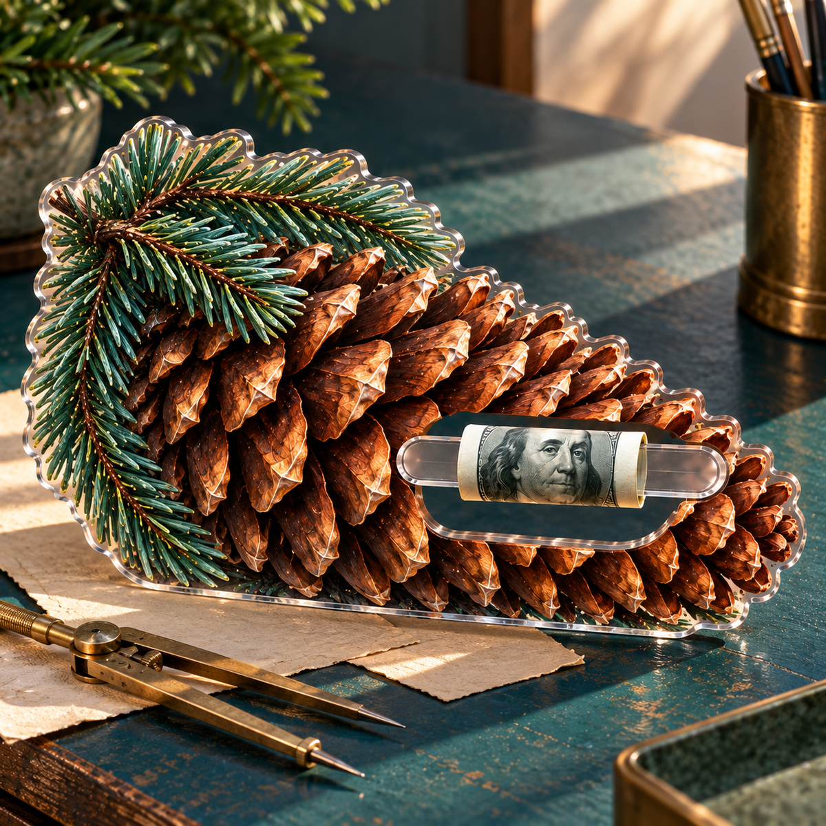 Pinecone Desk Study Acrylic Cash Holder Ornament with printed optical 3D artwork in its use setting