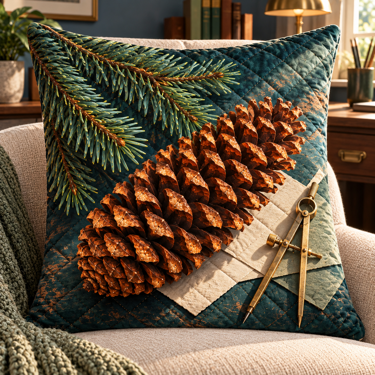Pinecone Desk Study Quilted Cushion Cover with printed optical 3D artwork in its use setting