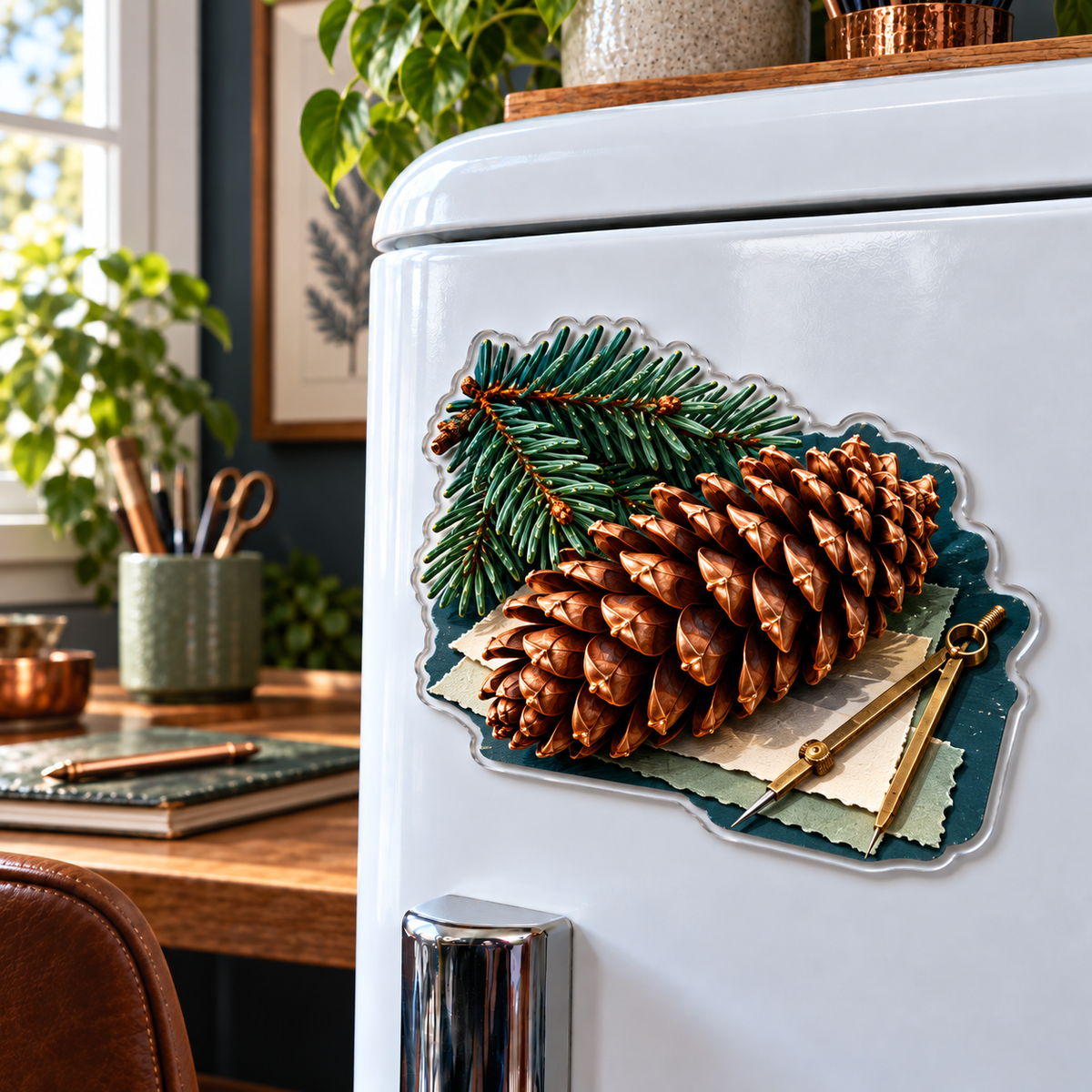 Pinecone Desk Study Acrylic Refrigerator Magnet with printed optical 3D artwork in its use setting
