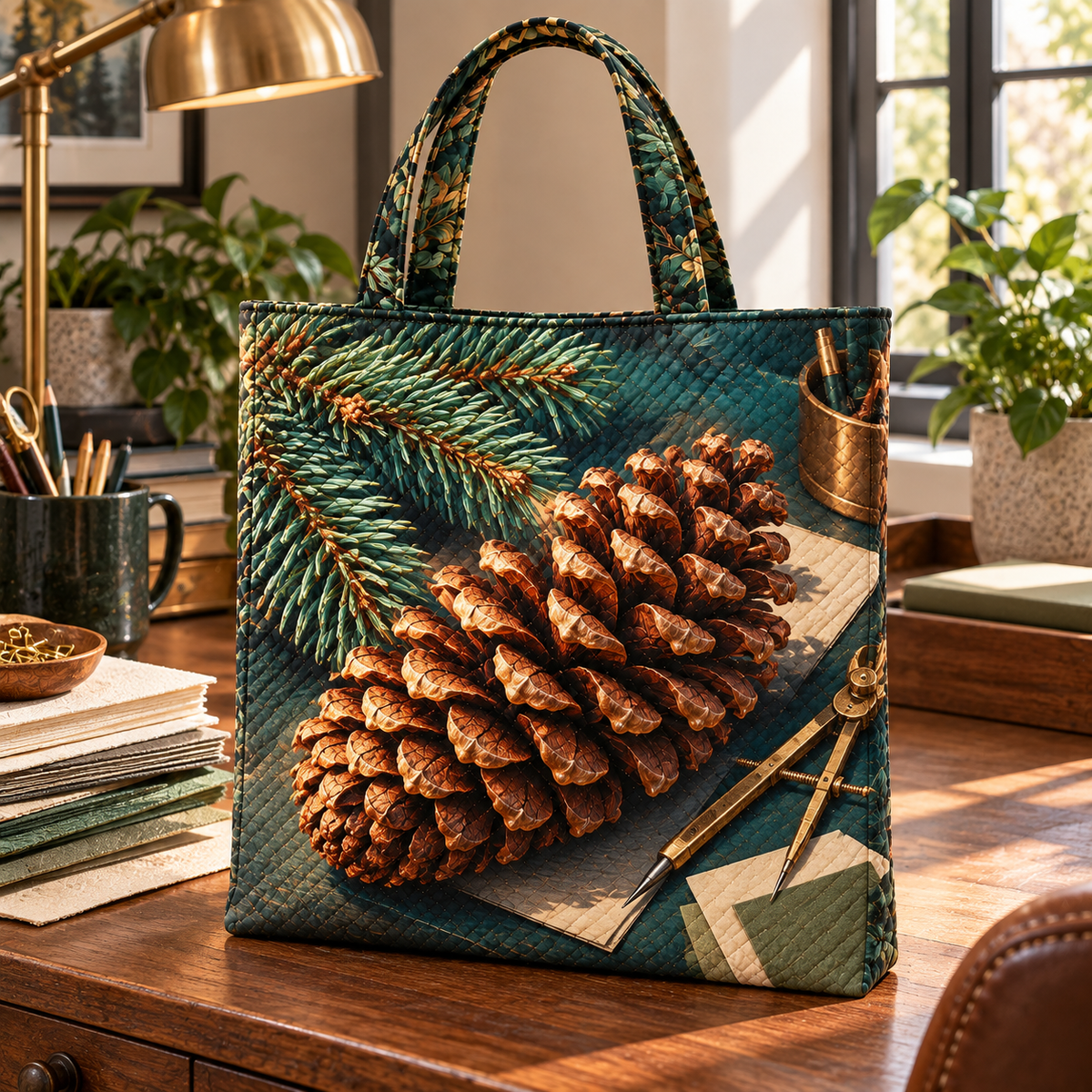 Pinecone Desk Study Quilted Tote Bag with printed optical 3D artwork in its use setting