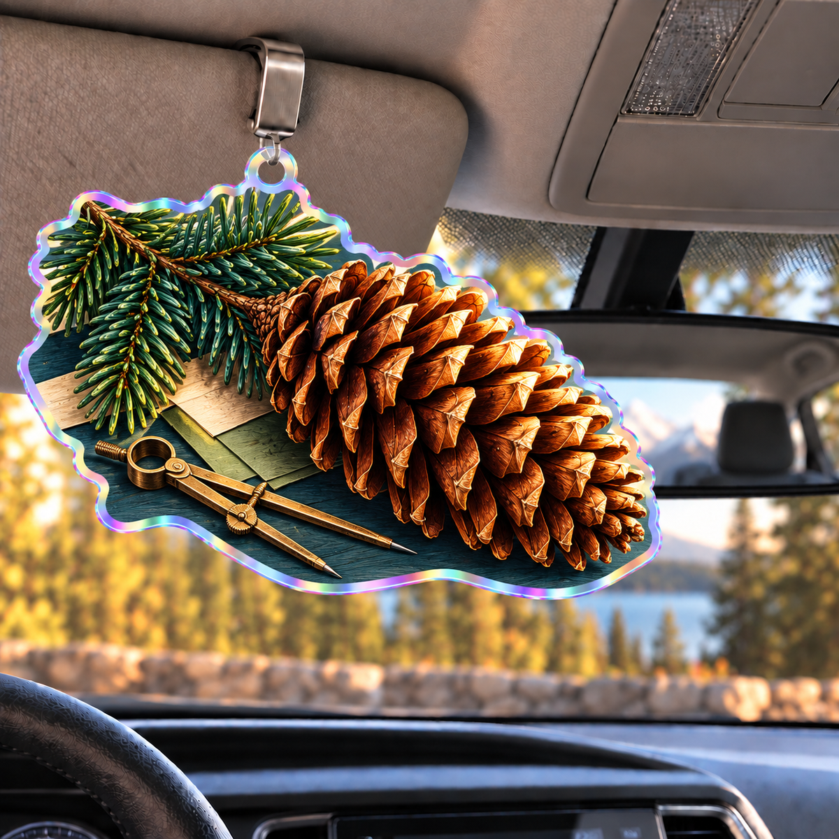 Pinecone Desk Study Holographic Car Visor Clip with printed optical 3D artwork in its use setting