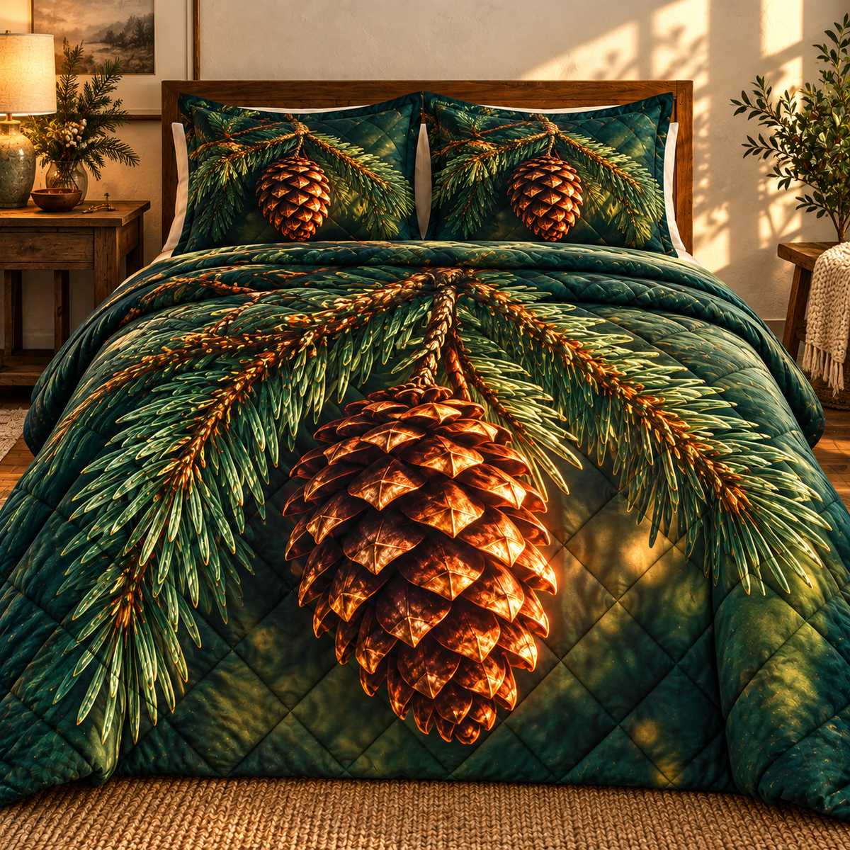 Pinecone Welcome Home Quilted Bedding Set with printed optical 3D artwork in its use setting