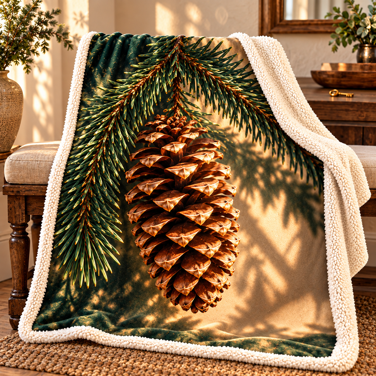 Pinecone Welcome Home Sherpa & Fleece Blanket with printed optical 3D artwork in its use setting