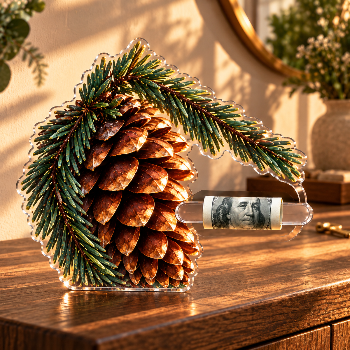 Pinecone Welcome Home Acrylic Cash Holder Ornament with printed optical 3D artwork in its use setting