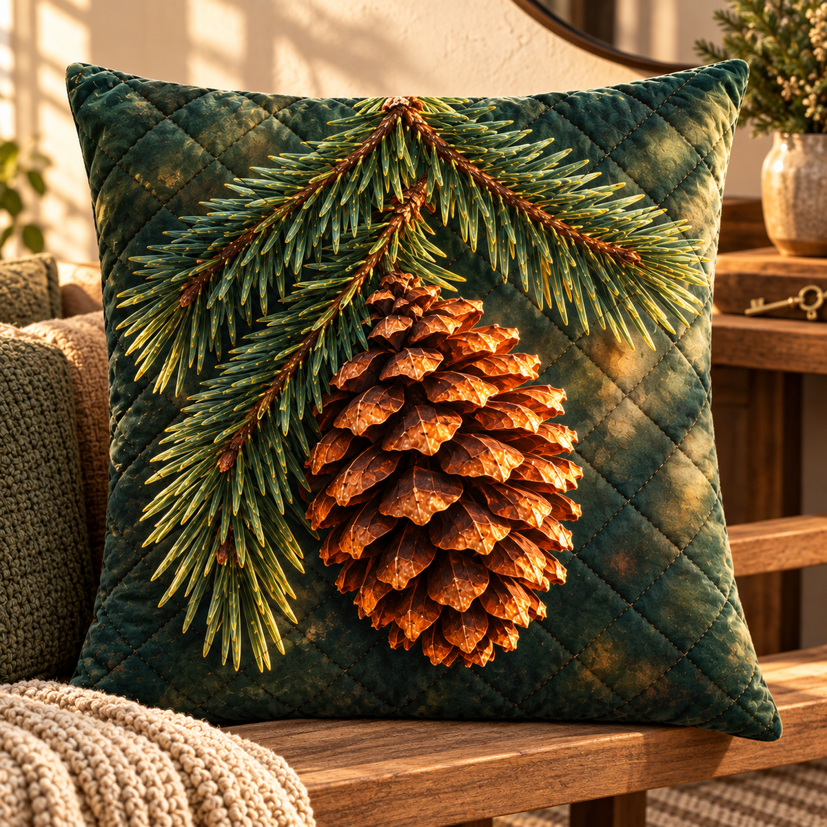 Pinecone Welcome Home Quilted Cushion Cover with printed optical 3D artwork in its use setting