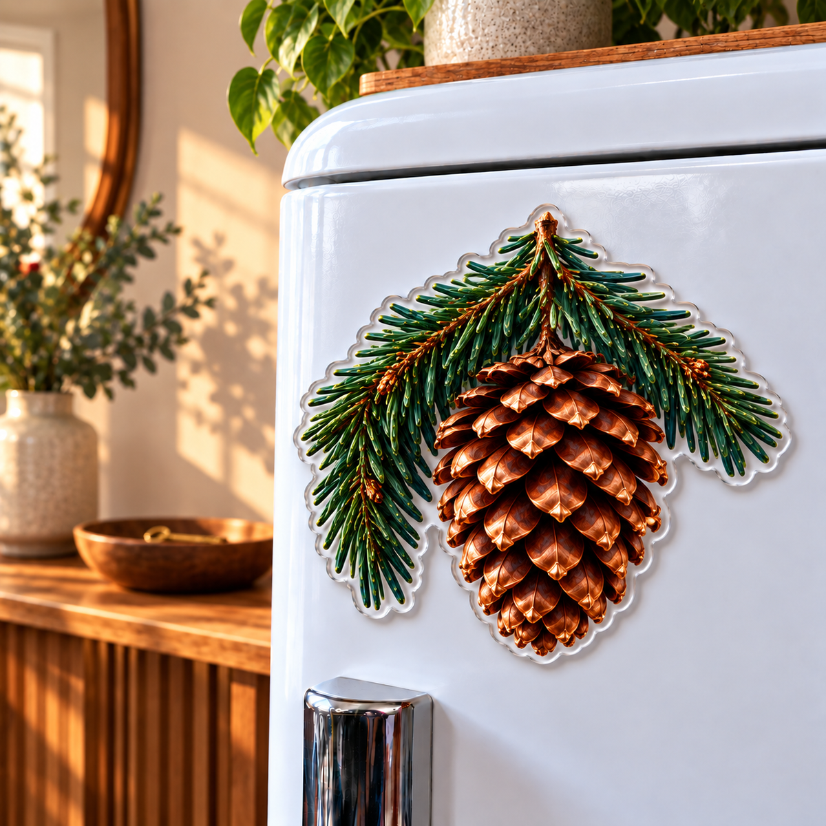 Pinecone Welcome Home Acrylic Refrigerator Magnet with printed optical 3D artwork in its use setting