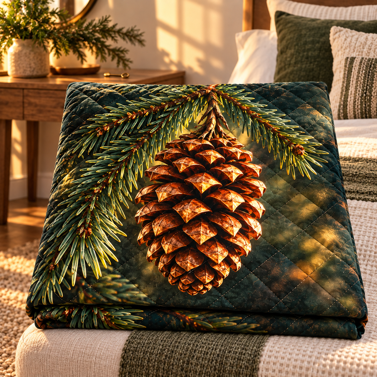 Pinecone Welcome Home Quilt Blanket with printed optical 3D artwork in its use setting